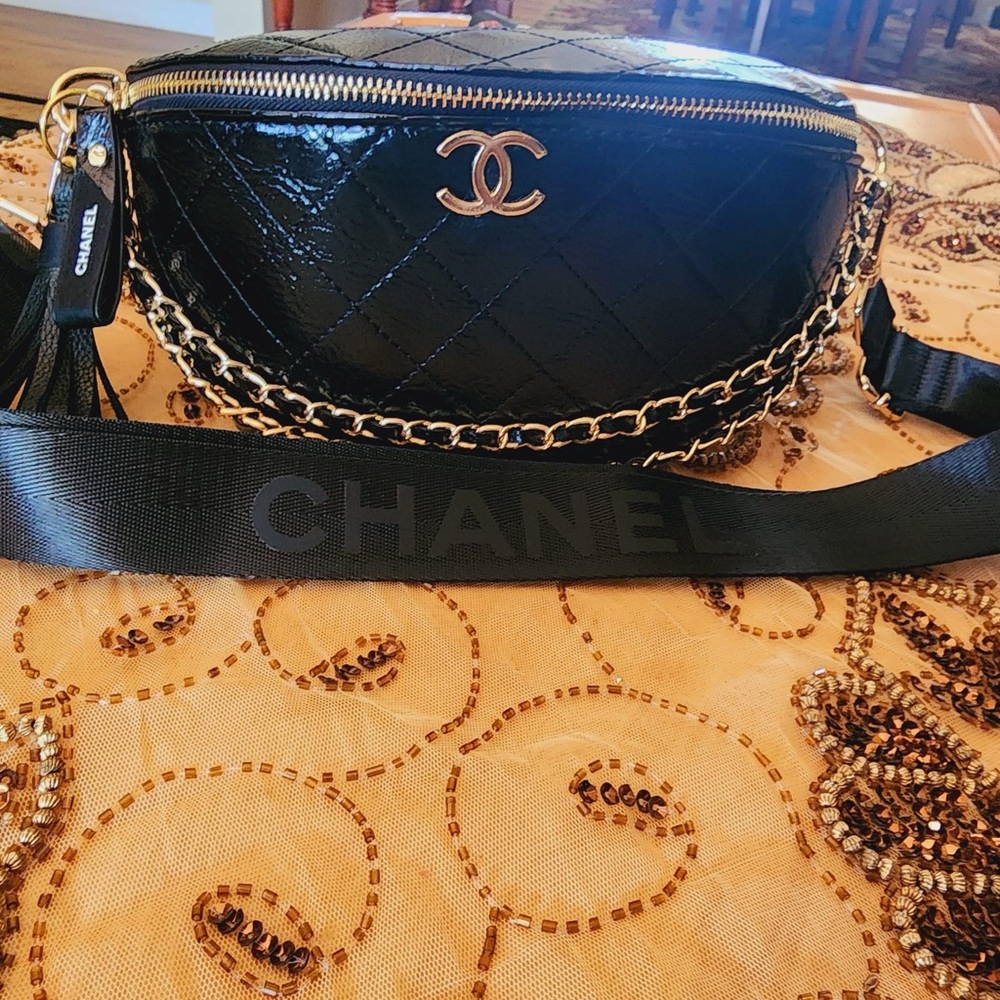 Custom Made! CHANEL Quilted Black Crossbody Bag with Gold Accents